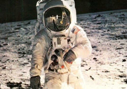 Buzz Aldrin on the surface of the moon.